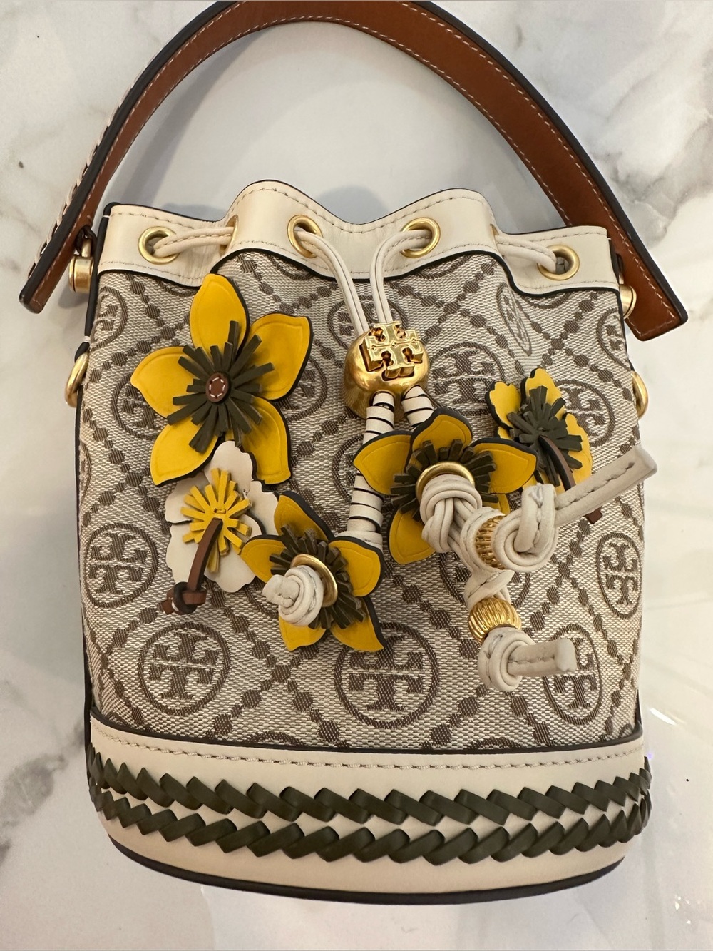 Tory Burch T Monogram Braided Floral Mini Bucket Bag - Picture 4 of 16